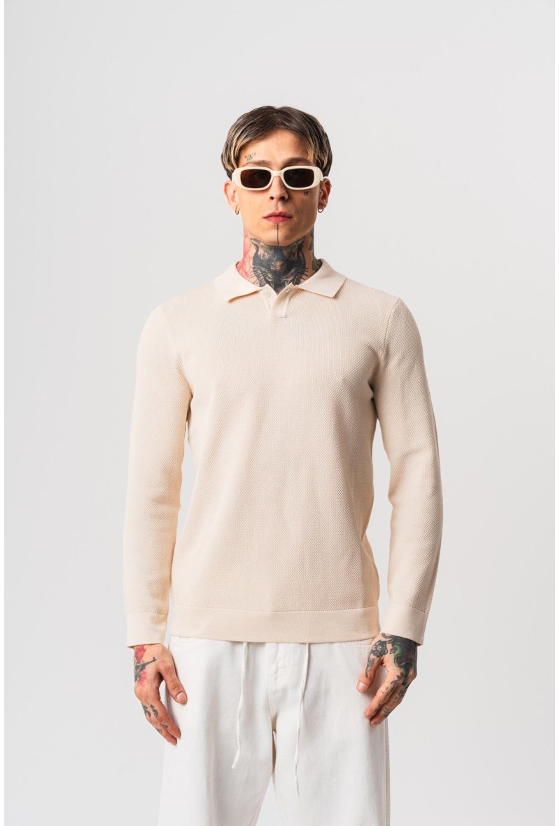 Polo maille manches longues col bouton